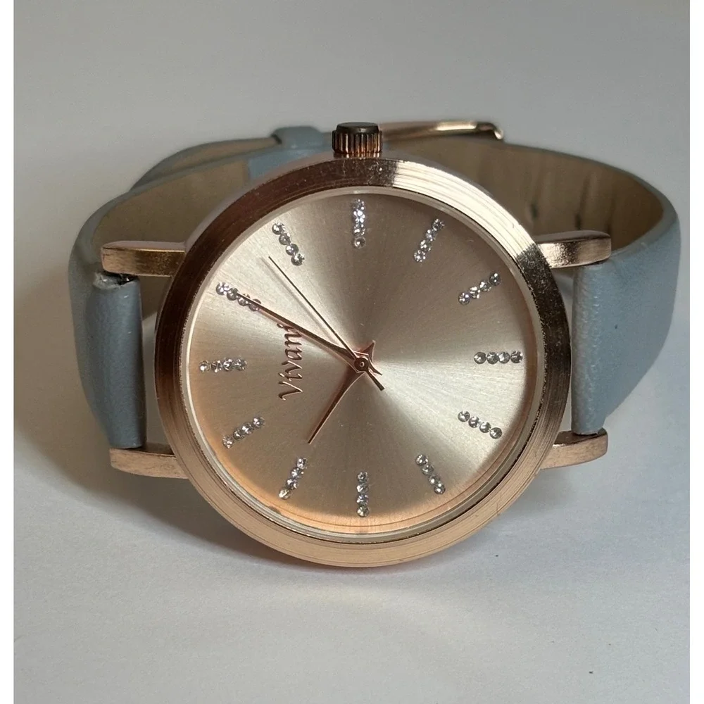 Modern Rose Gold Rhinestone Accent Vivani Watch Gray Band V1238G-42-B26